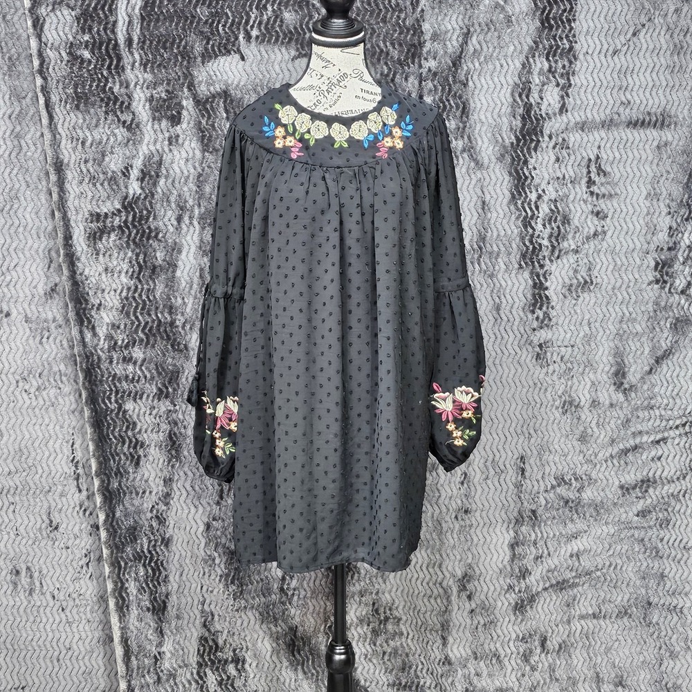 Allison New York Dress M Black‎ Polkadot Floral Embroidered Bishop Peasant Boho